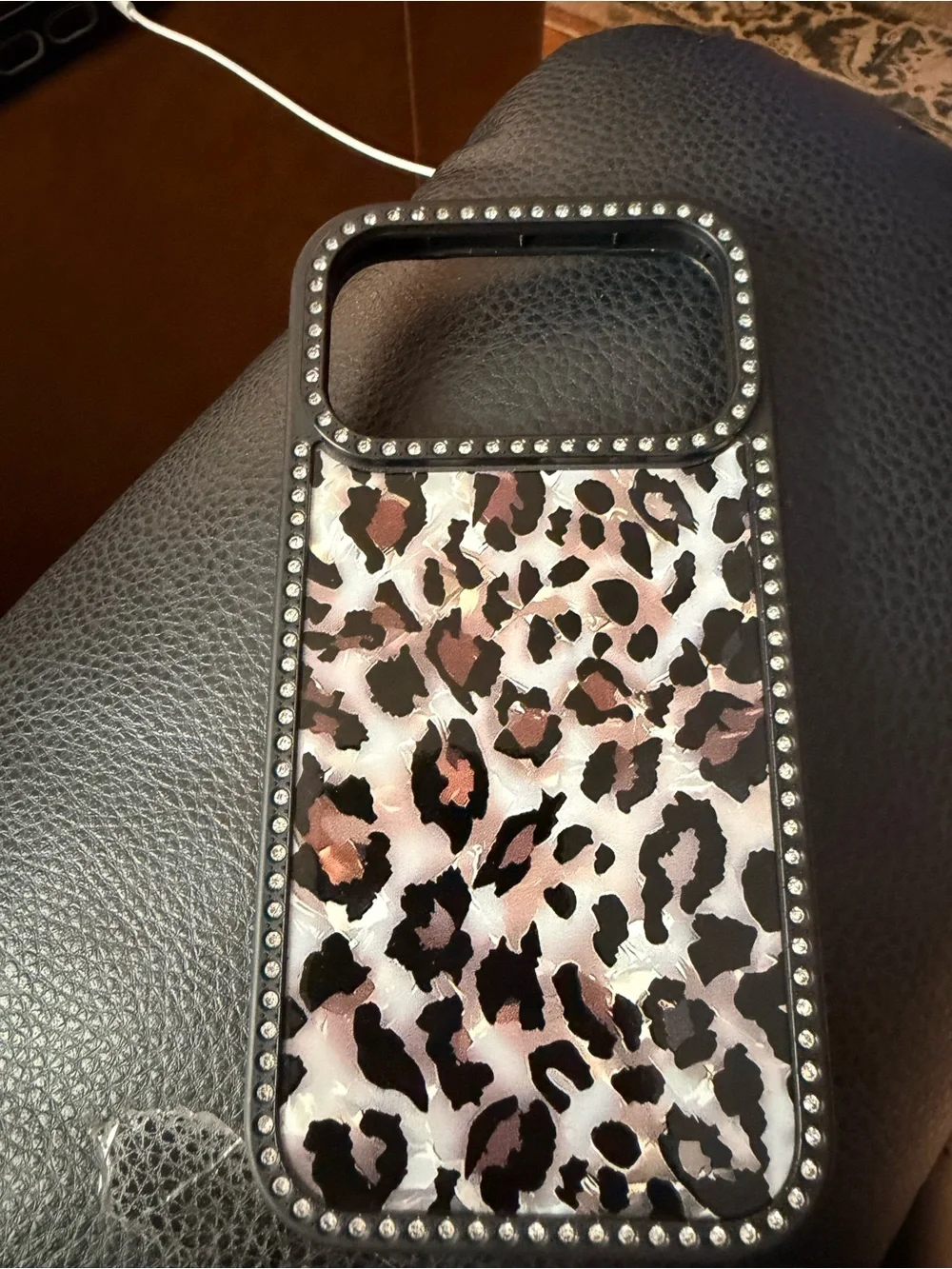 Leopard Print Rhinestone Phone Case - Brown Pink & Black
